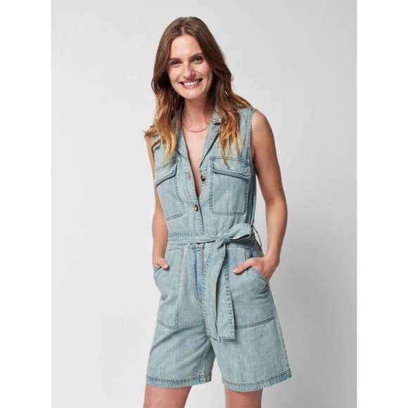 Faherty Pants - Faherty NWT Utility Denim Romper In Sunbleached Indigo Blue size Medium